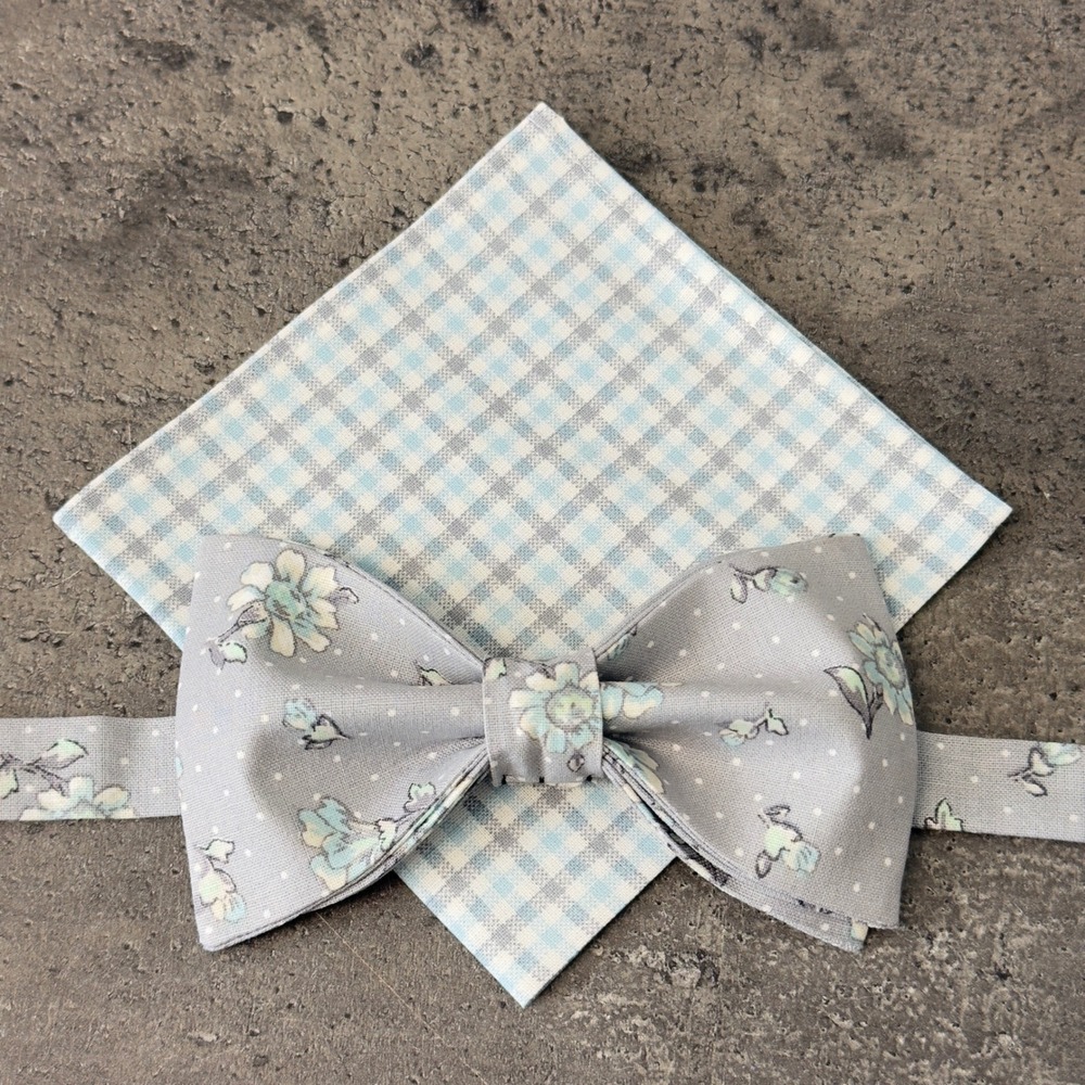 Grey Floral Polka Dot Bow Tie and Gingham Pocket Square Set Blue White